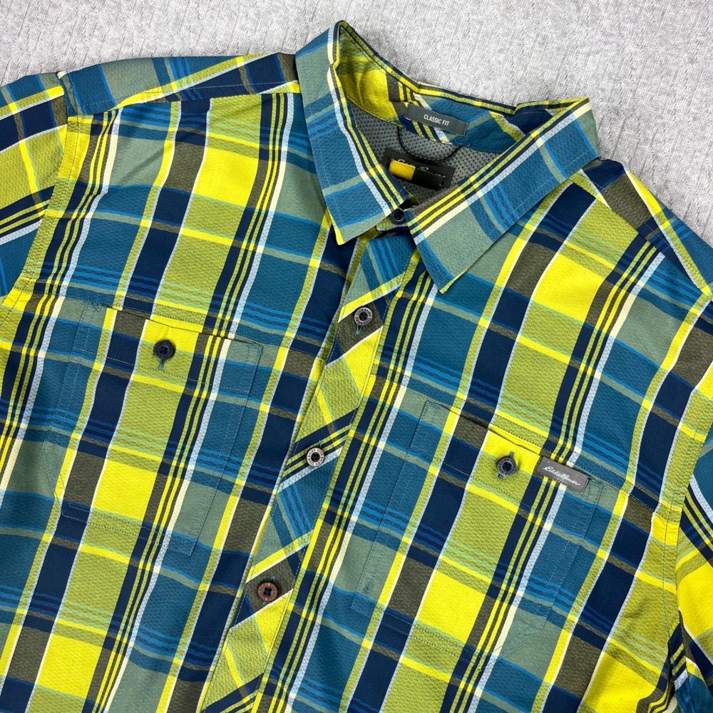 Eddie Bauer Travex Button Up Shirt Men‎ XL Yellow Blue Plaid Short Sleeve